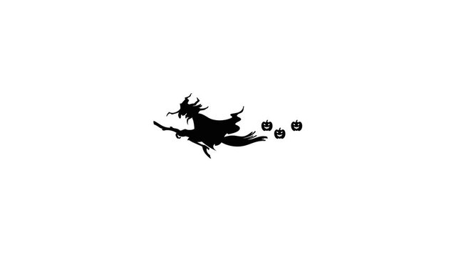 Animation of witch flying on broomstick and scary pumpkins silhouette. Halloween element for download sign with Alpha channel