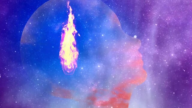 Head silhouette with fire in the sky