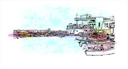 Fototapeta premium Building view with landmark of Bari is a port city on the Adriatic Sea. Watercolor splash with hand drawn sketch illustration in vector.