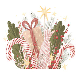 Illustration New Year and Happy Christmas. traditional symbols of christmas. favorite holiday. illustration for printing on a postcard, poster, advertisement or clothing