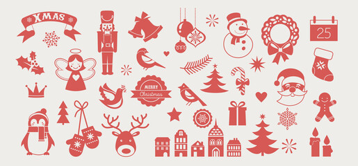 Naklejka premium Flat Christmas icons, element for patterns, cards, apps stickers, vector background