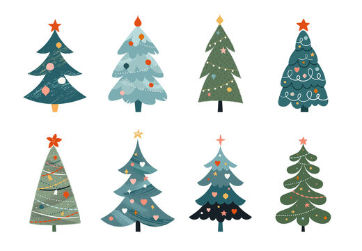 Christmas trees collection, modern flat design. Stickers, elements, Merry Xmas posters, icons. Vector illustration