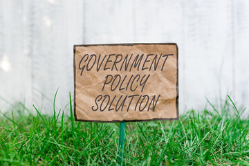 Handwriting text writing Government Policy Solution. Conceptual photo designed game plan created in response to emergency disaster Crumpled paper attached to a stick and placed in the green grassy