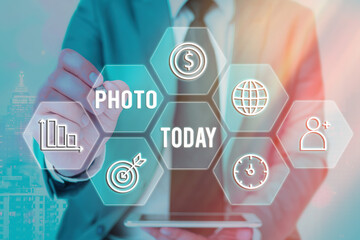 Conceptual hand writing showing photo. Concept meaning defined as produced by light, image taken with the help of light. Grids and different icons latest digital technology concept