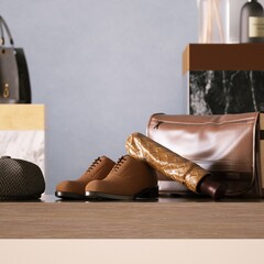 Designer Leather Bag, Umbrella and Leather Shoes showcase for shopping season sales and marketing visuals