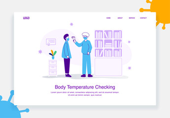 flat illustration concept of doctors checks woman's body temperature using contactless thermometer gun for landing page template