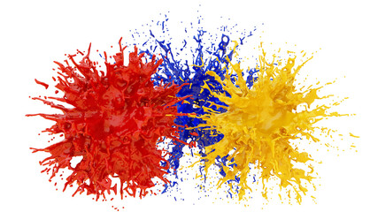 Splash of paints. Isolated on a white background. Gel splash illustration. Red, blue and yellow paints. 3d rendering. High resolution.