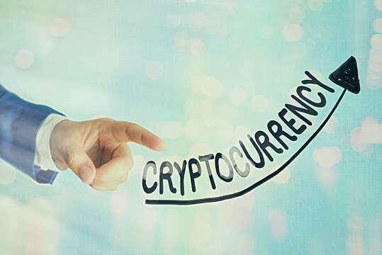 Writing note showing Cryptocurrency. Business concept for form of currency that exists digitally has no central issuing Digital arrowhead curve denoting growth development concept