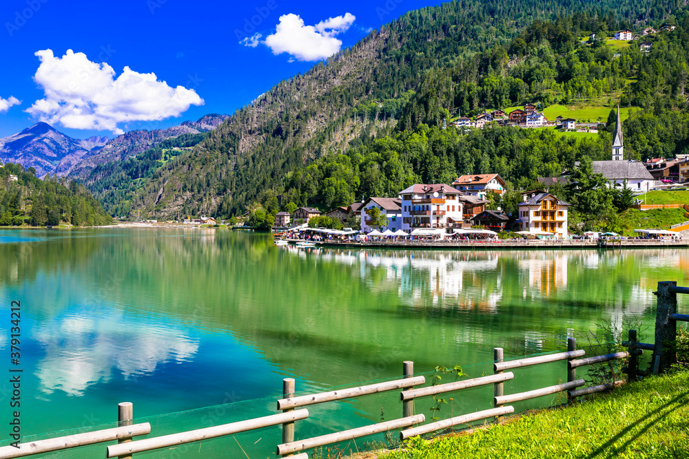 Wall mural amazing alpine scenery, dolomites mountains. beautiful lake lago di alleghe, northern italy (belluno