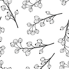 Monochrome sketch of branches with berries on a white background. Vector seamless pattern. Design for cloth, card, print, wrapping. 