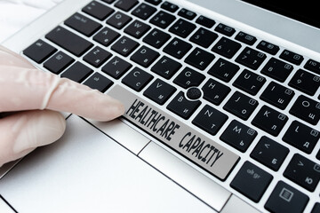 Writing note showing Healthcare Capacity. Business concept for maximum amount of patients provided with the right medical service Different Colored PC keyboard key With Accessories on Empty background