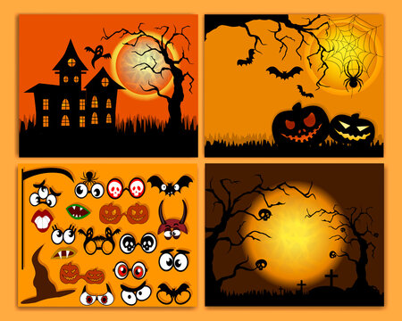Set of flyers for halloween vector illustration. Templates of posters with terrible evening. Halloween party greeting cards. Banners set.