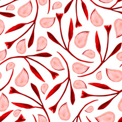 Red twigs and pink petals on a white background. Watercolor seamless pattern.