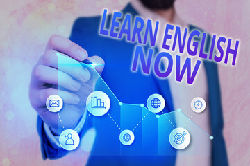 Word writing text Learn English Now. Business photo showcasing gain or acquire knowledge and skill of English language Arrow symbol going upward denoting points showing significant achievement