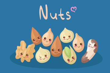 Kawaii vector illustration with mixed nuts. Cute funny & happy healthy food characters. Protein rich snack concept. Kids menu design. Smiling almond, peanut, walnut, brazil nut, pistachio, macadamia.