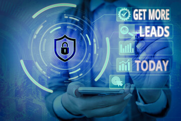 Word writing text Get More Leads. Business photo showcasing to have more customers and improve your target sales Graphics padlock for web data information security application system