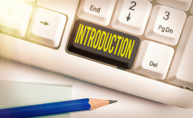 Text sign showing Introduction. Business photo text act or process of introducing : the state of...