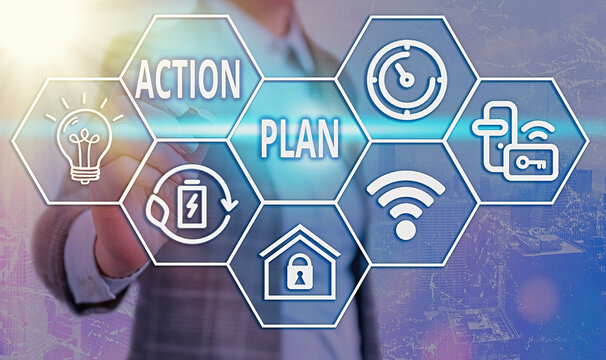 Conceptual hand writing showing Action Plan. Concept meaning detailed plan outlining actions needed to reach goals or vision Grids and different icons latest digital technology concept