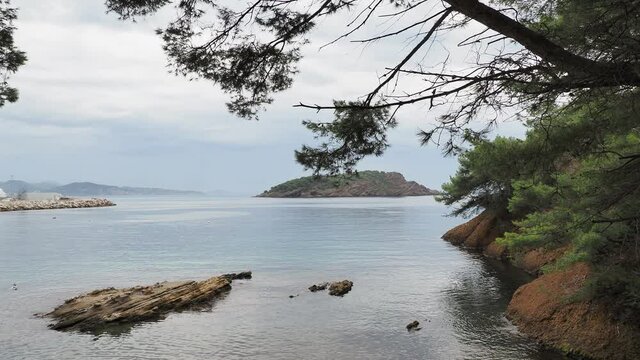La Ciotat - Plage du Grand Mugel avec vue sur le Parc du Mugel adoss&eacute;s au Bec de l'Aigle dans la baie de la Ciotat
