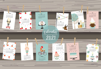 Cute animal calendar 2021 with rabbit, fox, bear for children, kid, baby.Can be used for printable graphic.Editable element