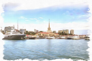 Naklejka premium City Sochi. Marine port. Imitation of a picture. Oil paint. Illustration