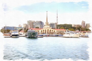 City Sochi. Marine port. Imitation of a picture. Oil paint. Illustration