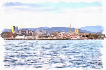 City of Sochi. Evening. View from the sea. Imitation of a picture. Oil paint. Illustration