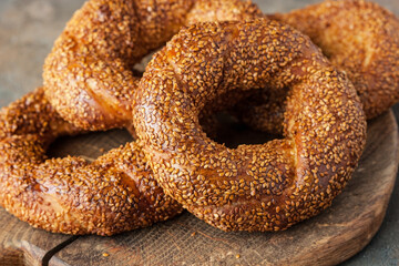 Turkish bagel Simit on wooden table