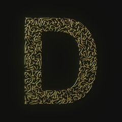 High resolution letter D symbol made of molded golden lines. 3d rendering