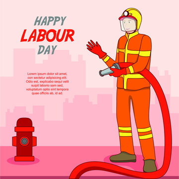 Flat Design Vector Inspiration With The Labor Day Theme Depicting a Firefighter Ready To Help Everyone With His Fire Kit.
