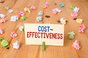 Conceptual hand writing showing Cost Effectiveness. Concept meaning degree to which something is...