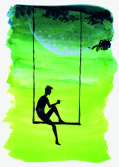 The Watercolor Silhouette Of a Man On a Swing Who Is Upset And Sad, This Watercolor Artwork Can Be Your Reference For Your Creation.