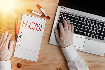 Text sign showing Faq. Business photo text a list of questions and answers relating to a particular...
