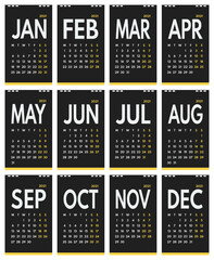 2021 simple vertical vector 12 months calendar, starts monday, two weekend, black background