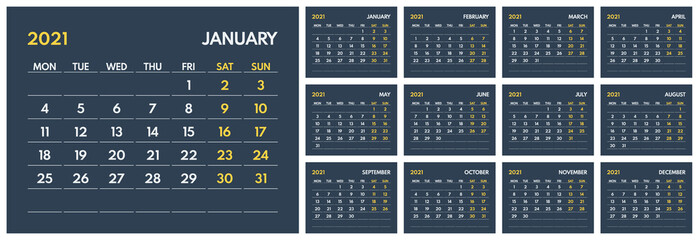 2021 full year wall calendar, starts monday, two weekends, dark background