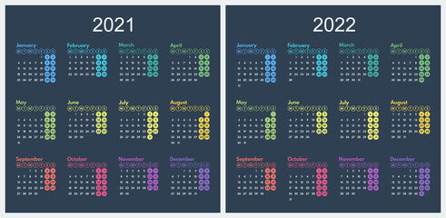 simple vector calendar 2021 2022, starts monday, two weekend, dark background