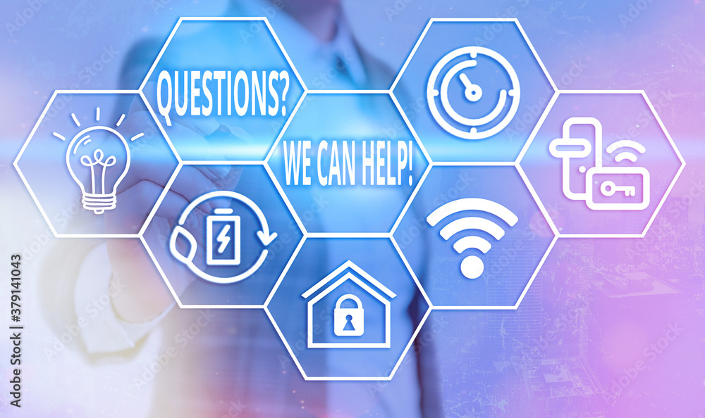 Poster conceptual hand writing showing questionsquestion we can help. concept meaning offering help to thos