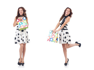 Girl after good shopping on white