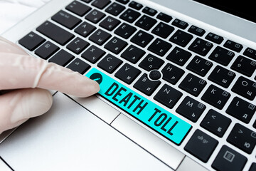 Word writing text Death Toll. Business photo showcasing the number of deaths resulting from a...