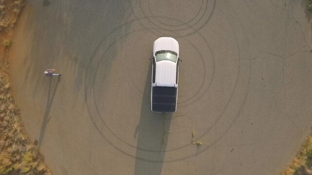 Aerial Of A Man Getting Into His Pickup Truck