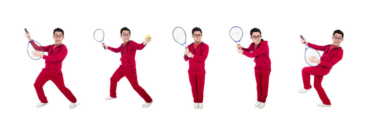 Funny tennis player isolated on white