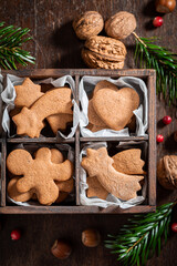 Homemade gingerbread cookies for Christmas decorated with spruce and nuts