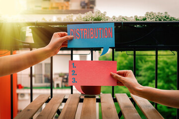 Text sign showing Distribution. Business photo showcasing position, arrangement, or frequency of...