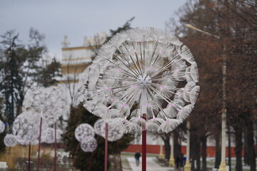Artificial dandelion in the winter city park.