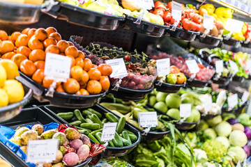 Fresh vegetables and fruits put up for sale in supermarket