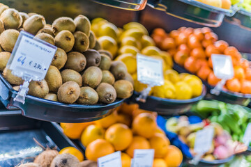 Fresh vegetables and fruits put up for sale in supermarket