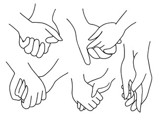 Set of outlined hands holding each other. Woman and man. Male and female. Togetherness, friendship and love concept. Simple vector isolated drawing. For print, poster, sticker and advertising