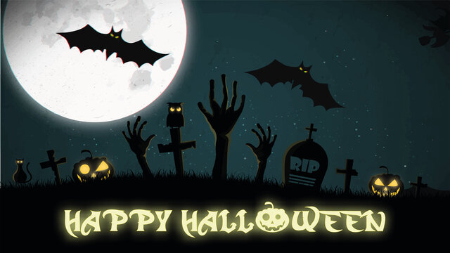 carte ou bandeau sur "happy halloween" en jaune sur un fond vert avec la lune, une  chauve souris , des mains, des citrouilles, une chouette, un cimetière
