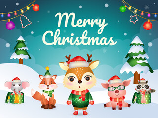 Merry christmas greeting card with cute animals character : deer, pig, fox, raccoon and elephant