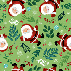 Santa Claus with snow flake, holly berry, leaves seamless repeat pattern. Cute Christmas holidays cartoon character background perfect for textile, fabric, wrapping paper.
